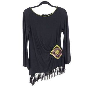 Linda Segal womens Medium Black long sleeve asymmetrical embroidered tassel top